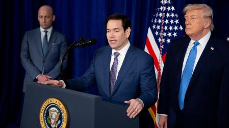 El secretario de estado de EE UU, Marco Rubio, durante la comparecencia en Mar-a-Lago junto a Donald Trump