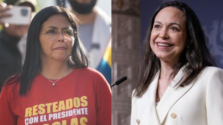 Combo de fotografías que muestran a la vicepresidenta ejecutiva de Venezuela, Delcy Rodríguez, y a la líder opositora venezolana María Corina Machado