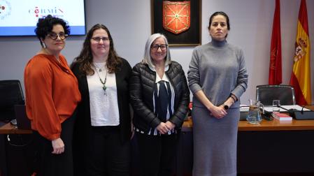 De izda a dcha: Silvia Saldaña (ADHI), Ainara Duue (Disnavarra), Mariluz Sanz (Cermin) y María Sola (ANAC), en la comisión de educación del Parlamento foral.
