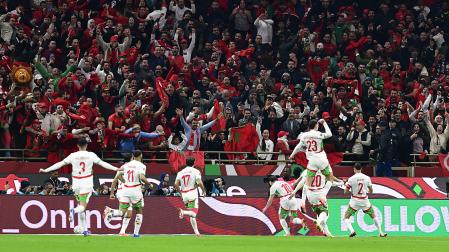 Los jugadores de Marruecos celebran el 0-1, obra del madridista Brahim Díaz