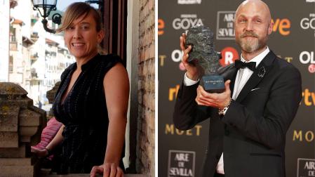 A la izda., Itziar García Zubiri en Villava, A la dcha., Mikel Serrano con el Goya que ganó por 'Handia'