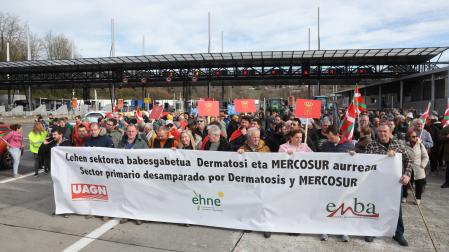 Alrededor de 300 agricultores y ganaderos de toda Navarra se han desplazado este jueves 15 de enero hasta Irún para sumarse a la protesta convocada por las organizaciones UAGN, ENHE Confederal y ENBA contra el acuerdo con Mercosur. Ha sido junto al puesto fronterizo de Biriatou, a donde también han acudido 30 tractores de Semilla y Belarra y varios cientos más de agricultores y ganaderos del País Vasco y Francia.