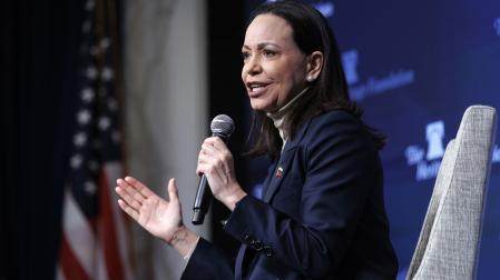 María Corina Machado, este viernes durante una rueda de prensa en el foro conservador de la Fundación Heritage