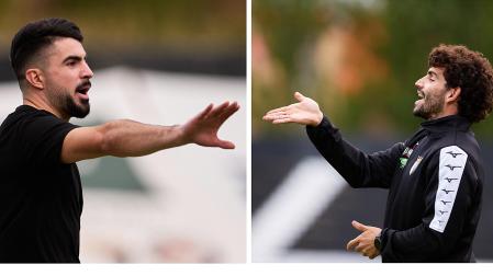 Álvaro Garrido, técnico de la Mutilvera (icda.) y Héctor Urquía, entrenador del Tudelano