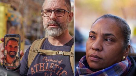 Javier Pacio, cuñado de Agustín Fadón, uno de los tripulantes del Alvia siniestrado, muestra su fotografía y Osiris Sevilla perdió a su marido Víctor, que cogió un día antes que ella el tren