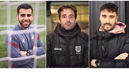 De izda. a dcha., Raúl Lecumberri (dirige al DH de Osasuna en su cuarto año), Sergio Soto (con el DH, lleva diez años como técnico en Oberena) y Xabier Arcaya (llegó al San Juan esta temporada)