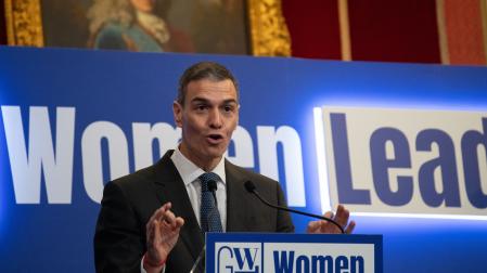 El presidente del Gobierno, Pedro Sánchez, interviene en el acto Mujeres liderando la ONU del siglo XXI, en la Real Academia de Bellas Artes de San Fernando