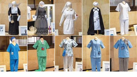 En la fila superior, de izda. a dcha., Hermanas de la Caridad, mediados del siglo XIX, Cruz Roja, Hospital de Sangre y auxiliar de clínica. En la fila inferior, de izda. a dcha., cuidados especiales, cuidados intensivos, unidad de Pediatría, centro asistencial y uniforme de ANADP