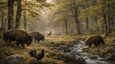 Recreación hecha con inteligencia artificial de un paisaje navarro de hace 4.000 años, en el que aparecen bisontes, un oso, ciervos y un gallo lira.