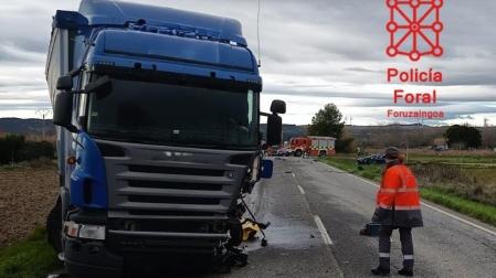 Lugar del accidente en la  NA-115, en Peralta, donde ha fallecido un hombre de 49 años tras una colisión