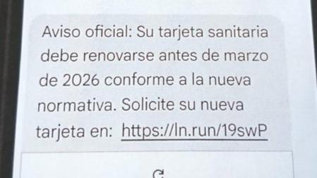Captura del mensaje falso que está circulando suplantando a Salud