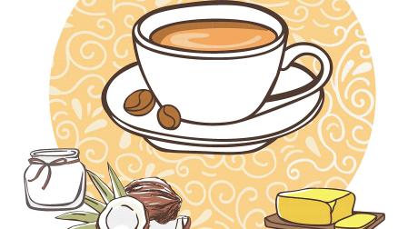 Dibujo de una taza de café con varios alimentos alrededor