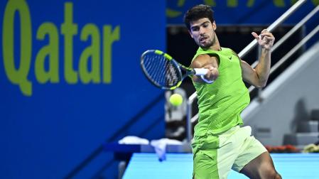 Alcaraz, en un momento del partido ante Andrey Rublev en el torneo ATP 500 de Doha