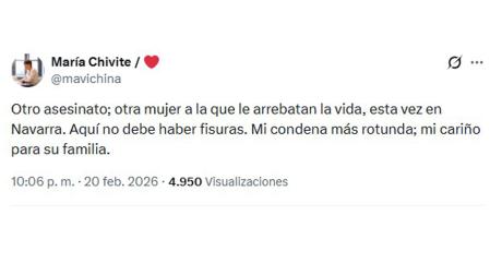 Mensaje de la presidenta del Gobierno de Navarra, María Chivite, condenando el asesinato de una mujer en Sarriguren