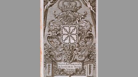 Escudo de Navarra grabado por Juan de la Cruz para la edición de la Novissima Recopilación de las Leyes de el Reyno de Navarra, 1735.