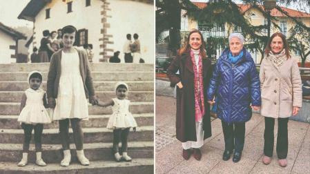 ORONDRIZ, 1960 y TRAPAGARAN (Vizcaya), 2026. Ana Mari Mariezkurrena Telletxea sujeta de la mano a Inma y Mari Carmen Tens Sánchez  en sendas imágenes separadas por la distancia del tiempo