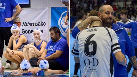 Imanol Maiza, técnico del WP Iruña 98 02, da órdenes al equipo y Kapu, tras la eliminación copera del TAFA