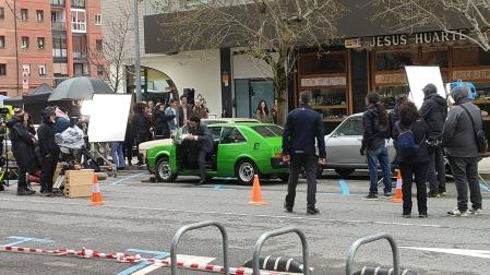 Rodaje de la serie 'El Marqués 1985', este viernes en el barrio de San Juan de Pamplona