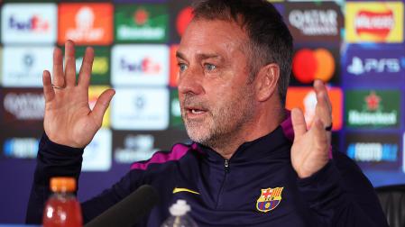 El técnico alemán del F.C: Barcelona, Hansi Flick durante al rueda de prensa previa al encuentro contra el Newcastle
