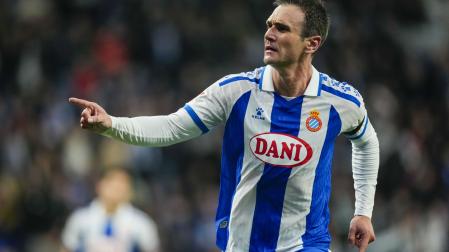 Kike García (Espanyol) celebra el gol anotado ante el Oviedo