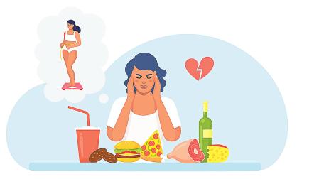 Una mujer piensa en dieta ante alimentos