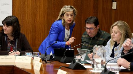 La portavoz del equipo de gobierno, Ana Duarte (izquierda), junto a otros compañeros de su grupo en el pleno de este 12 de marzo