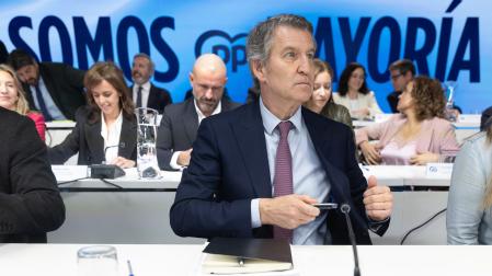 El presidente del Partido Popular, Alberto Núñez Feijóo, a su llegada a la reunión de la Junta Directiva Nacional del partido en la sede del PP, este lunes
