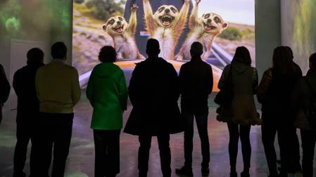 La consejera Esnaola, junto al resto de personas participantes en la visita, en la sala ‘El Origen’ del parque Sendaviva