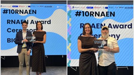 A la izquierda, Popcorn Therapeutics recibiendo el premio; a la derecha, el representante de Opportunity Health con el galardón