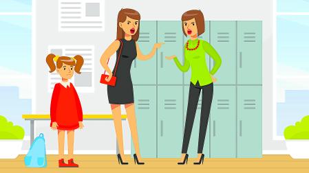 Ilustración de dos madres discutiendo en un colegio frente a una nuiña