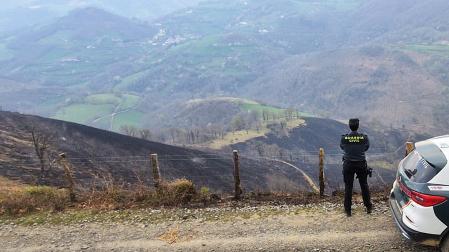 Un agente de la Guardia Civil junto a la zona afectada por el incendio