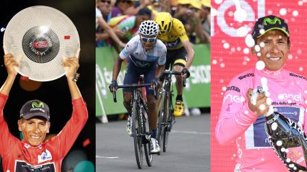Fotografías de archivo que muestra al ciclista colombiano Nairo Quintana levantando el trofeo en la vuelta a España 2016 (i), compitiendo en el tour de Francia 2025 (c) y celebrando en el podio del Giro de Italia 2017 (d). Nairo Quintana, quien anunció este domingo que se retirará al finalizar la temporada de 2026, dejará el ciclismo como la leyenda que le devolvió la grandeza a Colombia en este deporte como uno de los mejores escaladores del mundo y con los títulos del Giro de Italia de 2014 y la Vuelta a España en 2016. EFE/ Javier Lizón, Sebastien Nogier, Alessandro Di Meo / ARCHIVO