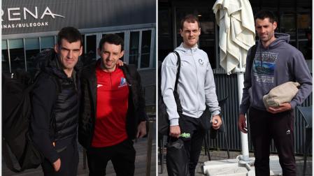 Joseba Ezkurdia, Jokin Altuna, Unai Laso y Jon Ander Peña, la mañana del lunes en el Navarra Arena.