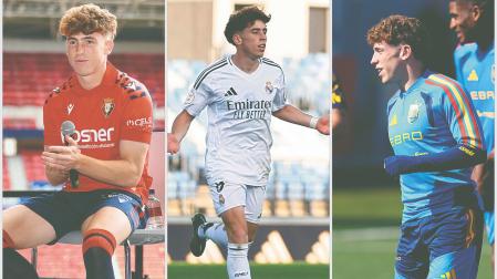 Tres imágenes de Víctor en el último año: con el Real Madrid Castilla en Primera RFEF, con Osasuna el día de su presentación en El Sadar y ayer con España