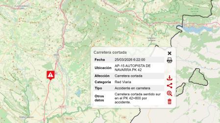 Mapa que indica el accidente y el corte de la autopista AP-15