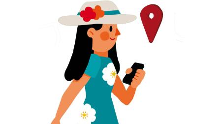 Ilustración de una viajera utilizando el móvil como guía