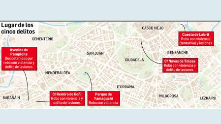 Mapa con la ubicación de delitos ocurridos en Pamplona