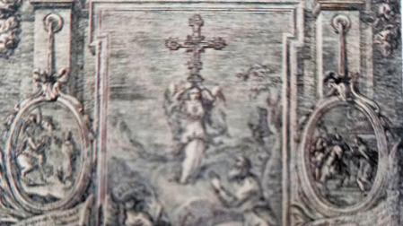 Imagen de San Miguel de Aralar, en un grabado barroco de 1740 de  Miguel Sorelló