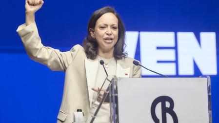 La opositora venezolana María Corina Machado ofrece declaraciones a los medios, en el auditorio El Beatriz, este sábado