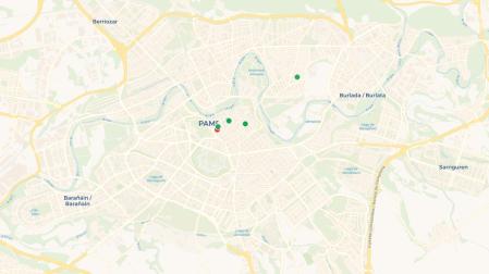 Mapa de Pamplona con los bares señalados