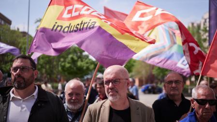El secretario general de CCOO, Unai Sordo, en la concentración del sindicato celebrada este jueves en Pamplona