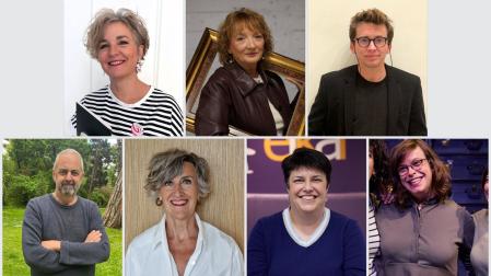 En la fila superior, desde la izquierda, Concha Pasamar, Susana Rodríguez Lezaun y Oihan Iturbide. En la fila inferior, desde la izquierda, Emilio Silva, Yolanda Arrieta, Castillo Suárez y Estefanía de Paz