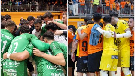 Los jugadores de los dos equipos navarros de la Primera División, Osasuna Magna (izda.) y ATP Ribera (dcha.), en encuentros anteriores