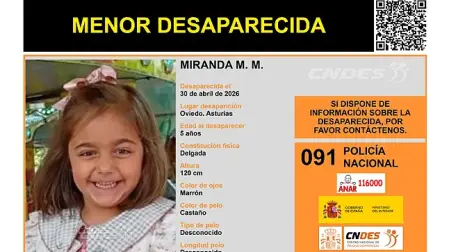 Imagen de la niña de 5 años desaparecida en Oviedo