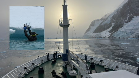 Imagen del MV Hondius cedida por el navarro Luis Gorricho, que aparece en la parte superior de la imagen en el agua