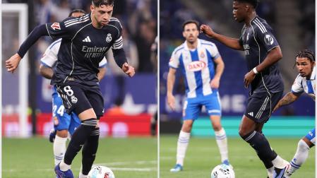 Valverde (izda.) y Tchouaméni (dcha.) en momentos diferentes del encuentro de LaLIga contra el Espanyol