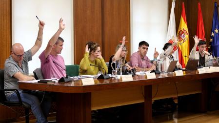 Los cinco ediles de Bildu, la de Geroa Bai y el socialista Ibai Crespo en una votación de ayer.