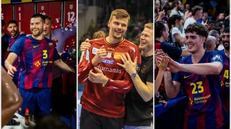 Antonio Bazán, Sergey Hernández y Adrián Sola, celebrando el pase a la Final a 4 de la Liga de Campeones conseguido por sus diferentes equipos.