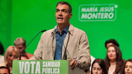 El presidente del Gobierno y secretario general del PSOE, Pedro Sánchez, interviene en un mitin celebrado este domingo en el Campo de Gibraltar