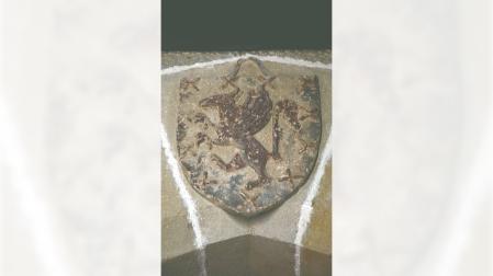 Escudo de Pierres de Peralta en la puerta del castillo de Marcilla. La descripción heráldica del escudo sería la siguiente: bordura en gules con 8 aspas de San Andres en oro. Fondo de gules con grifo rampante de oro